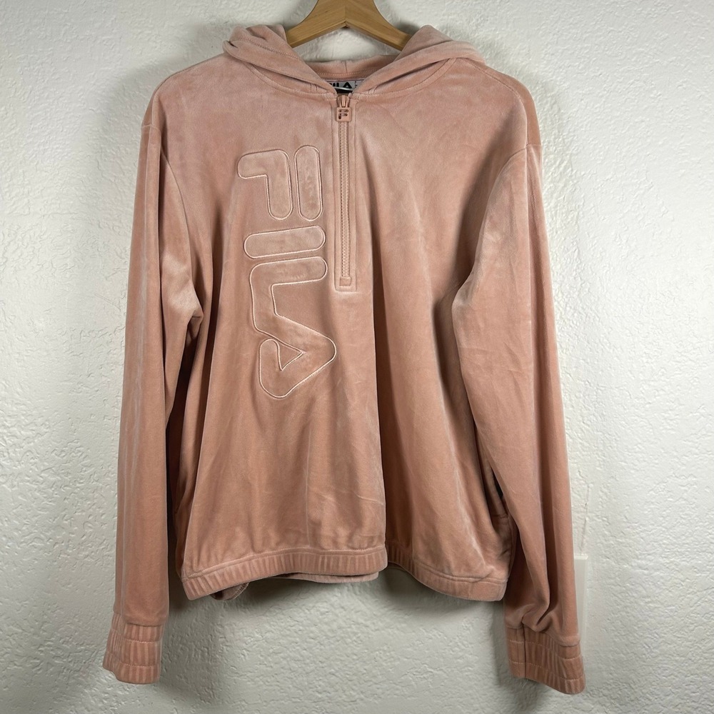 FILA Hoodie Peach Velour Half Zip Embossed Logo Y2K Athleisure Size L